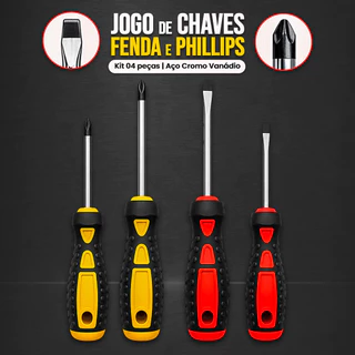 Jogo de Chaves de Fenda e Phillips 4 Peças Magnéticas Aço Cromo Vanádio Cabo Emborrachado