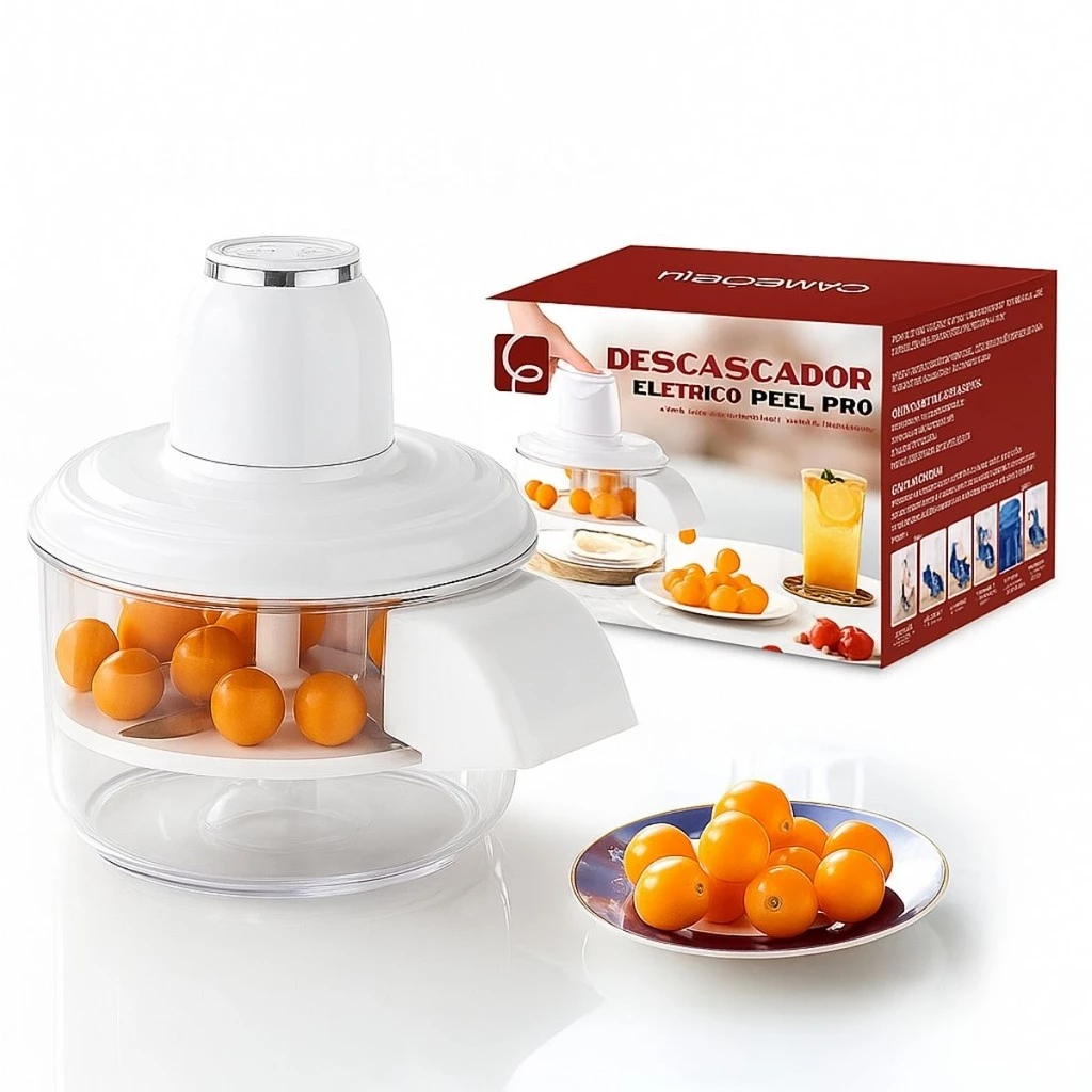 Versão branca do descascador elétrico Peel Pro demonstrando o design clean do produto e sua embalagem.