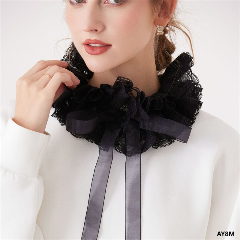 AY8M-Removível Feminino Renda Chiffon Lapela Falso Colar Borda Recortada Cor Sólida Destacável Gargantilha Xale Acessóri