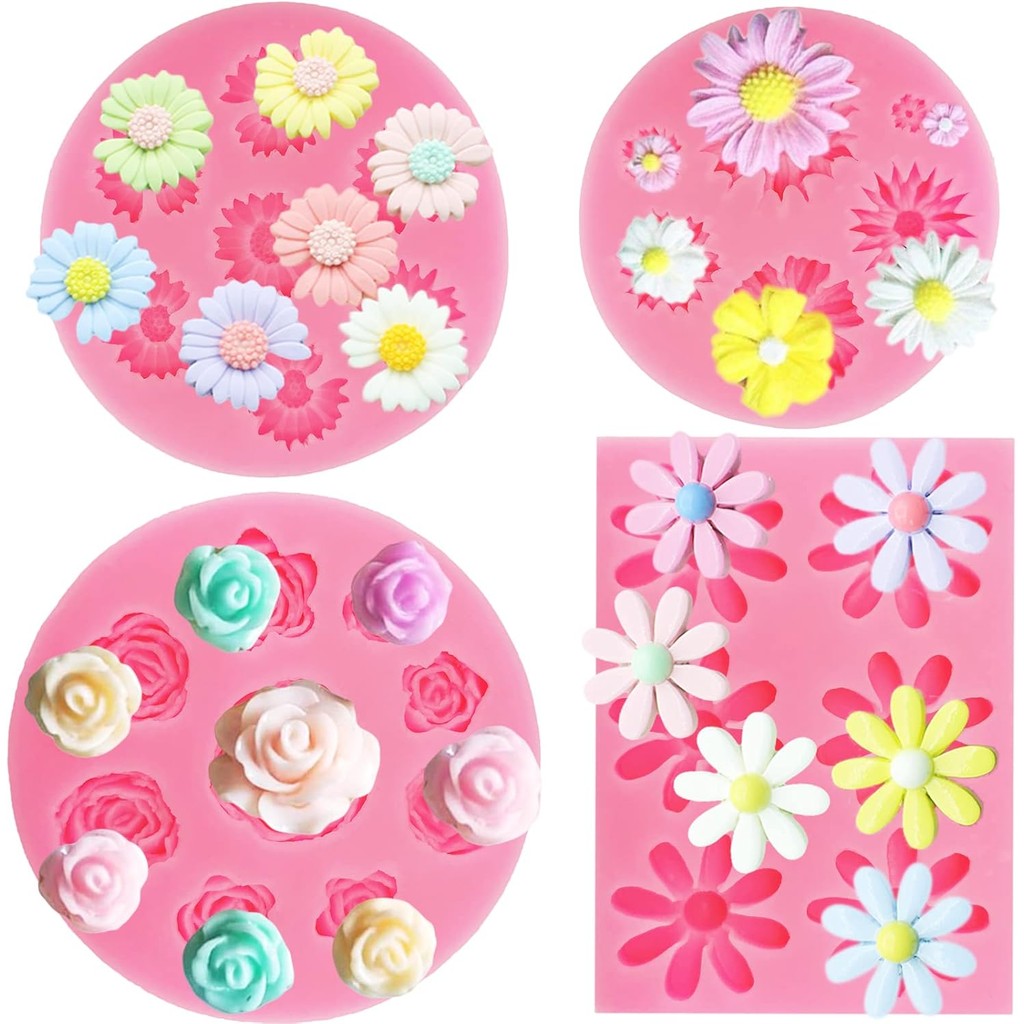 4Pcs Moldes de Silicone em Forma de Rosa, Moldes de Silicone em Forma de Margarida e Crisântemo, Pequenas Formas de Flor
