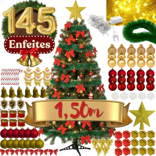Árvore De Natal 1,50m Completa 145 Enfeites Decorada Festão Pisca Pé Plástico