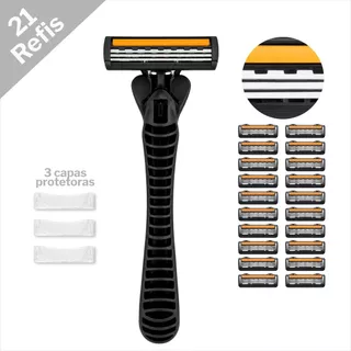 Barbeador Manual 3 Lâminas Com 21 Refis Kit Completo Para Depilação E Barbear