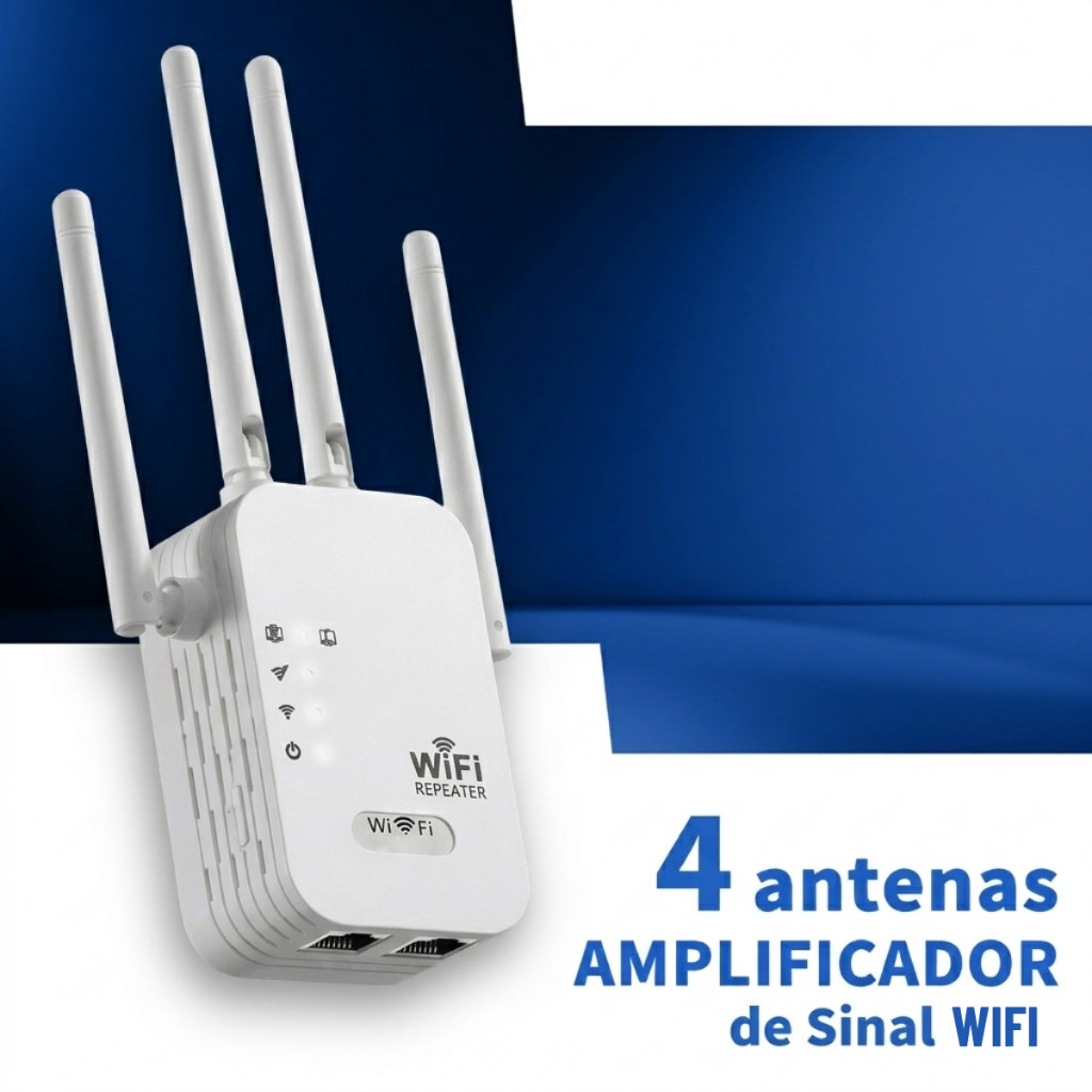 Repetidor WiFi 1200Mbps Dual Band 2.4G/5G Amplificador de Sinal Potente com 4 Antenas e Portas de Rede Duplas - Cob