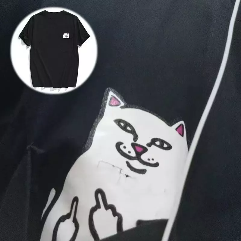 Americano Casual engraçado Vertical dedo médio gato bolso camiseta bonito verão estudante casal usar algodão puro curto-