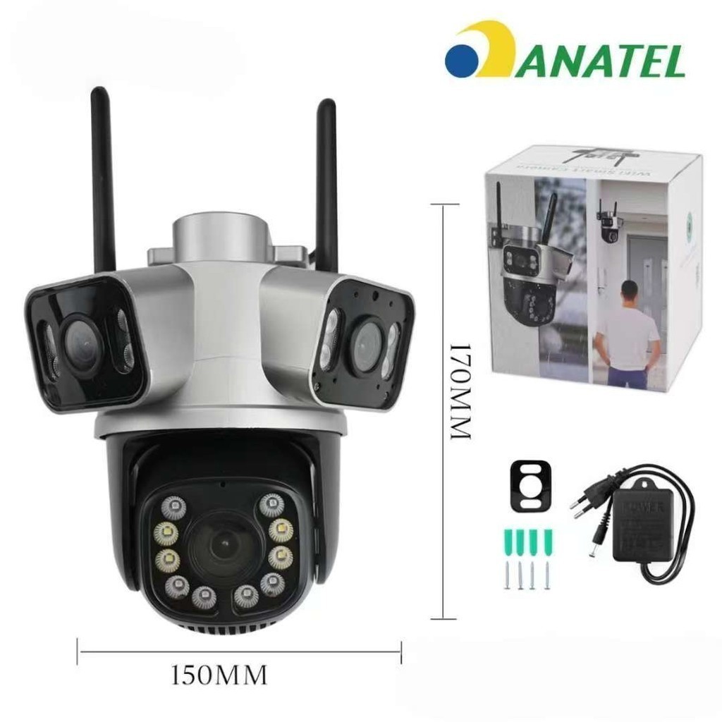 Câmera Segurança Externa 4K Wi-Fi 3 Lentes 180°, Zoom Ótico, IA Detecta Pessoa Animal , Visão Noturna, à Prova d'Água