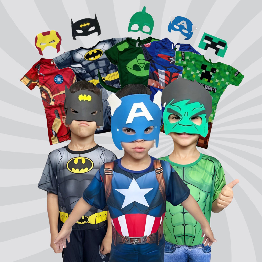 Fantasia Infantil Masculina Herói com Máscara Roupa Curta para Festa e ...