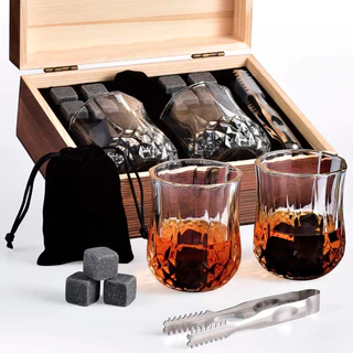 Conjunto de Copos para Whisky com Pedras de Gelo e Caixa de Madeira