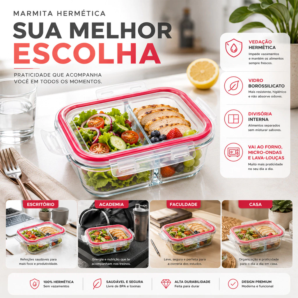 Pote De Vidro 640ml Hermético Marmita Fitness Com Tampa 4 Travas Divisória Freezer Microondas