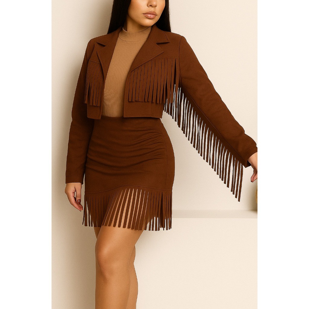 CONJUNTO JAQUETA E SAIA FRANJA COUNTRY FEMININO Shopee Brasil