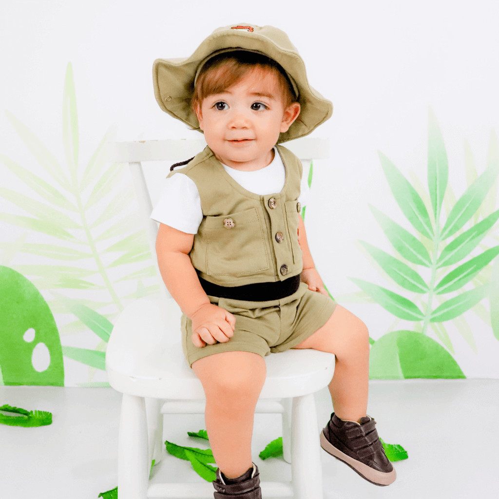 Fantasia Safari Infantil Bebê Menino com Chapéu – Macacão 100