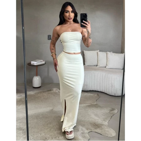 Conjunto Cropped Tomara que Caia Saia Midi Fenda