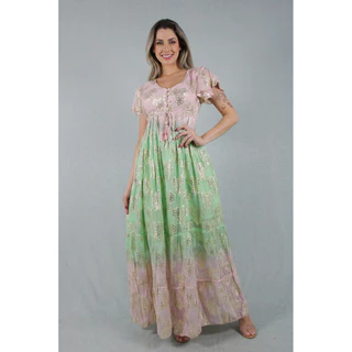 Vestido Longo Indiano Boho Chic Rosa e Verde com Estampa Dourada Floral, Manga Curta e Amarração no Busto-PF0670