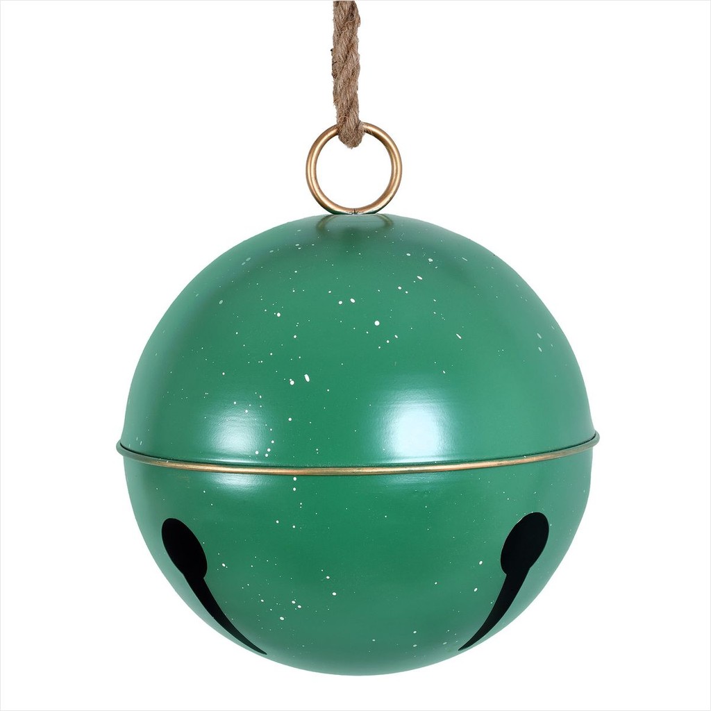Bola De Natal Guizo Verde Em Metal Com Cordinha Enfeite 36Cm