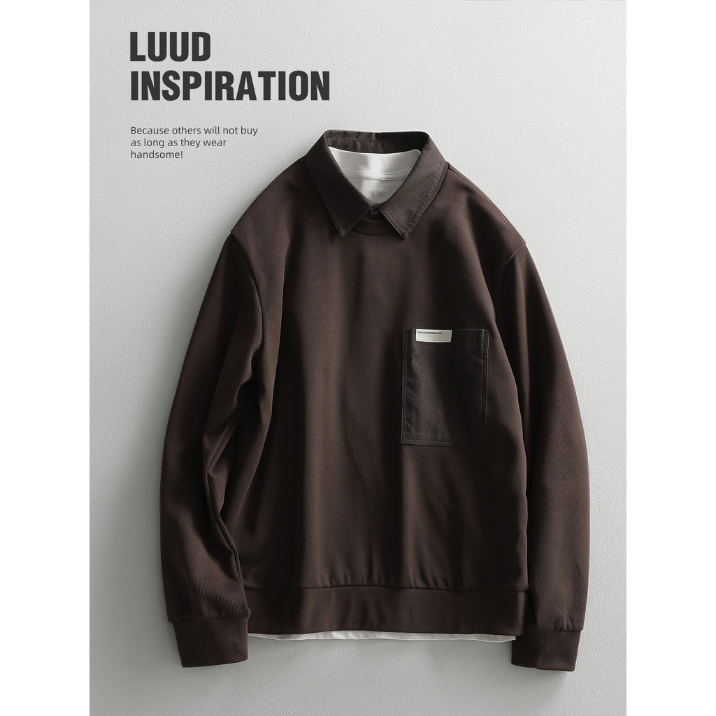 LUUD novo estilo Retro peito remendo bolso falso moletom de duas peças ...