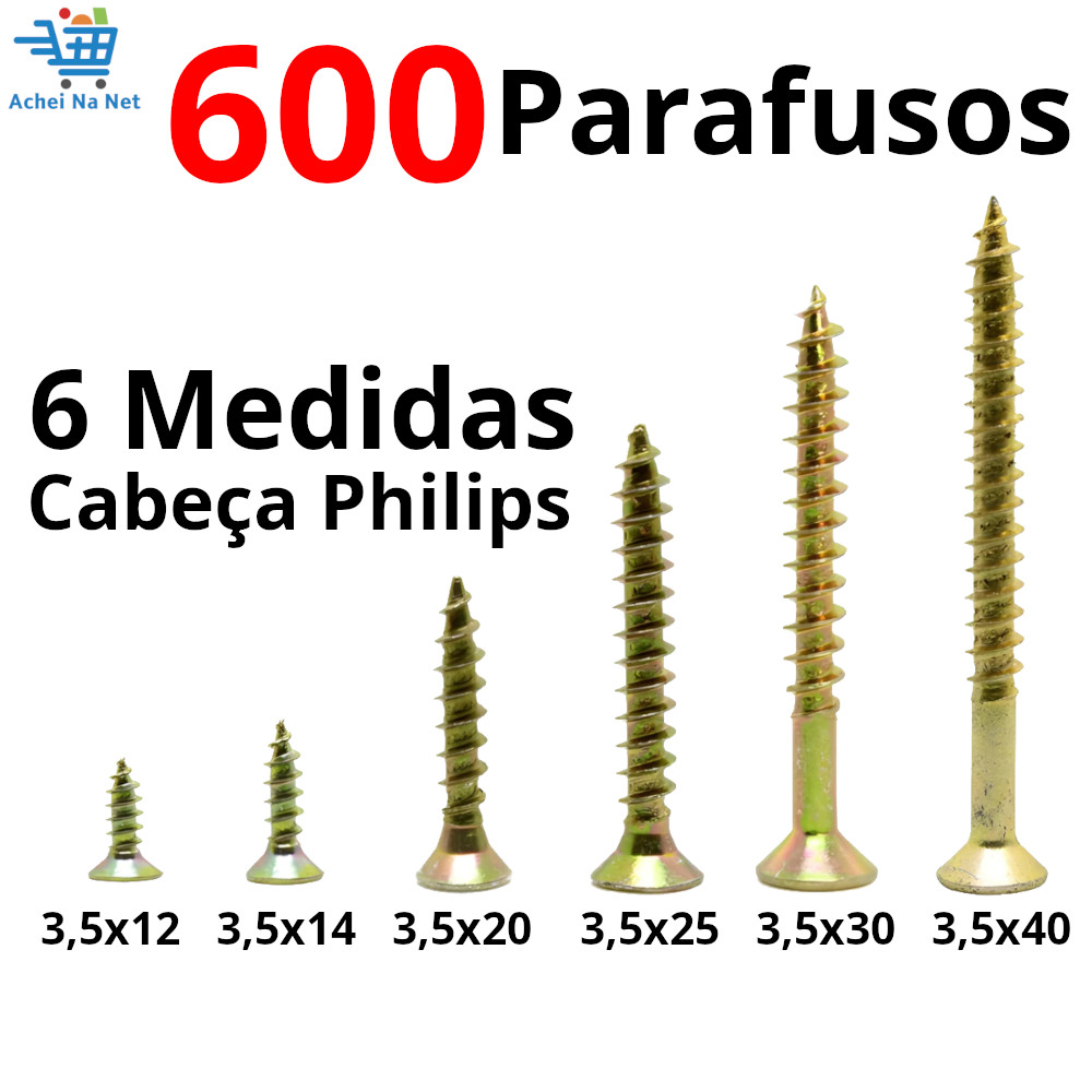 600 Parafusos kit 6 Medidas Philips para Madeira MDF - Chipboard Cabeça ...