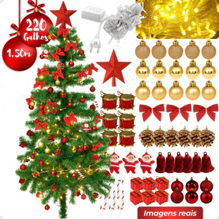 Árvore De Natal 150cm 86 Enfeites Decorada Completa 220 Galhos Pisca Pisca