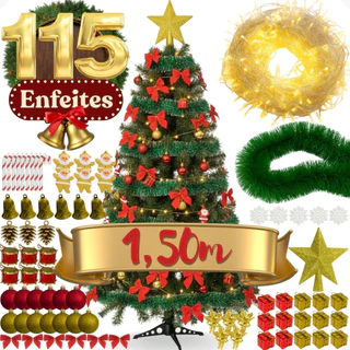 Árvore De Natal 1,50m Decorada 115 Enfeites Completa Festão Pisca Pé Plástico