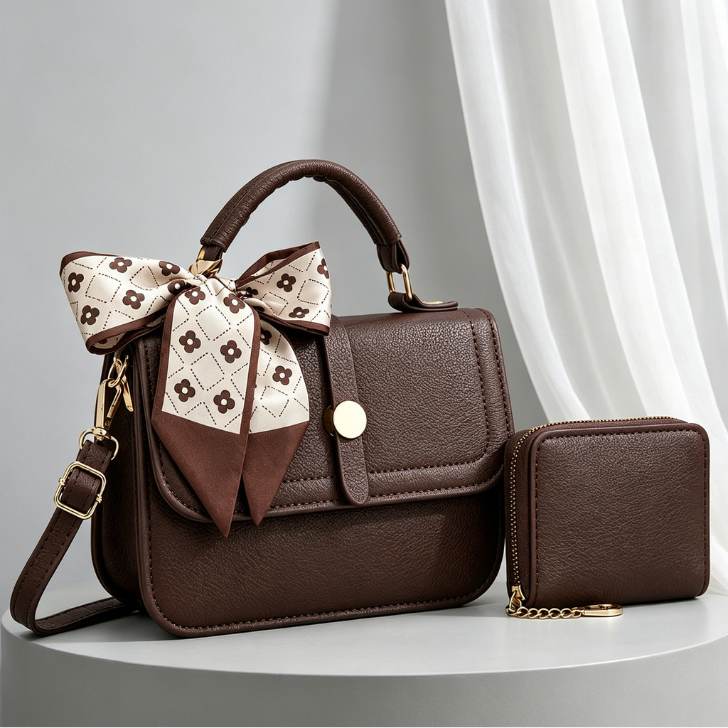 Bolsa Feminina Kit 3 Alça de Corrente (bolsa + carteira, estilo festa) — cor coffee