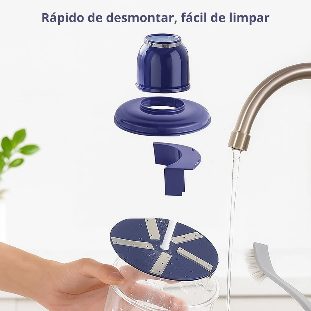 Diagrama das partes removíveis do descascador sendo lavadas em uma pia para mostrar praticidade.