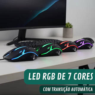 Mouse Óptico Gamer USB com Fio LED RGB 7 Cores 1200 DPI 4 Botões para PC Notebook TV Xbox Playstation DVR NVR Tablet