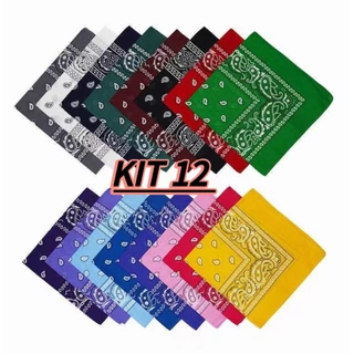 kit 12 Bandana Lenço Estampado Em Poliéster Cores Várias