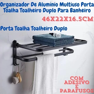 Organizador De Alumínio Multiuso Porta Toalha Toalheiro Duplo Banheiro Com Adesivo 46x22x16.5 Preto em Oferta na Shopee