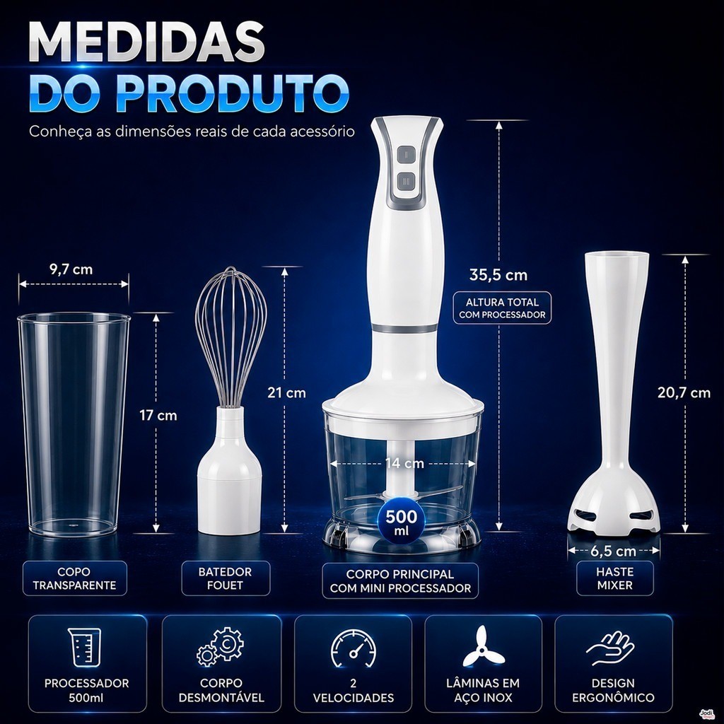 Mixer 3 em 1 250W com Processador 500ml e Fouet para Receitas