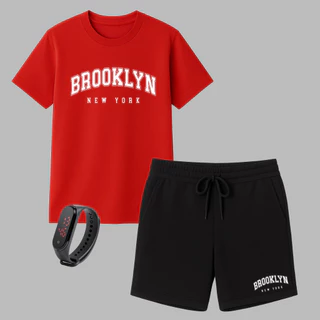 Conjunto Camiseta Masculina Brooklyn e Short Moletinho Várias Cores + Brinde Relógio Promoção Relâmpago