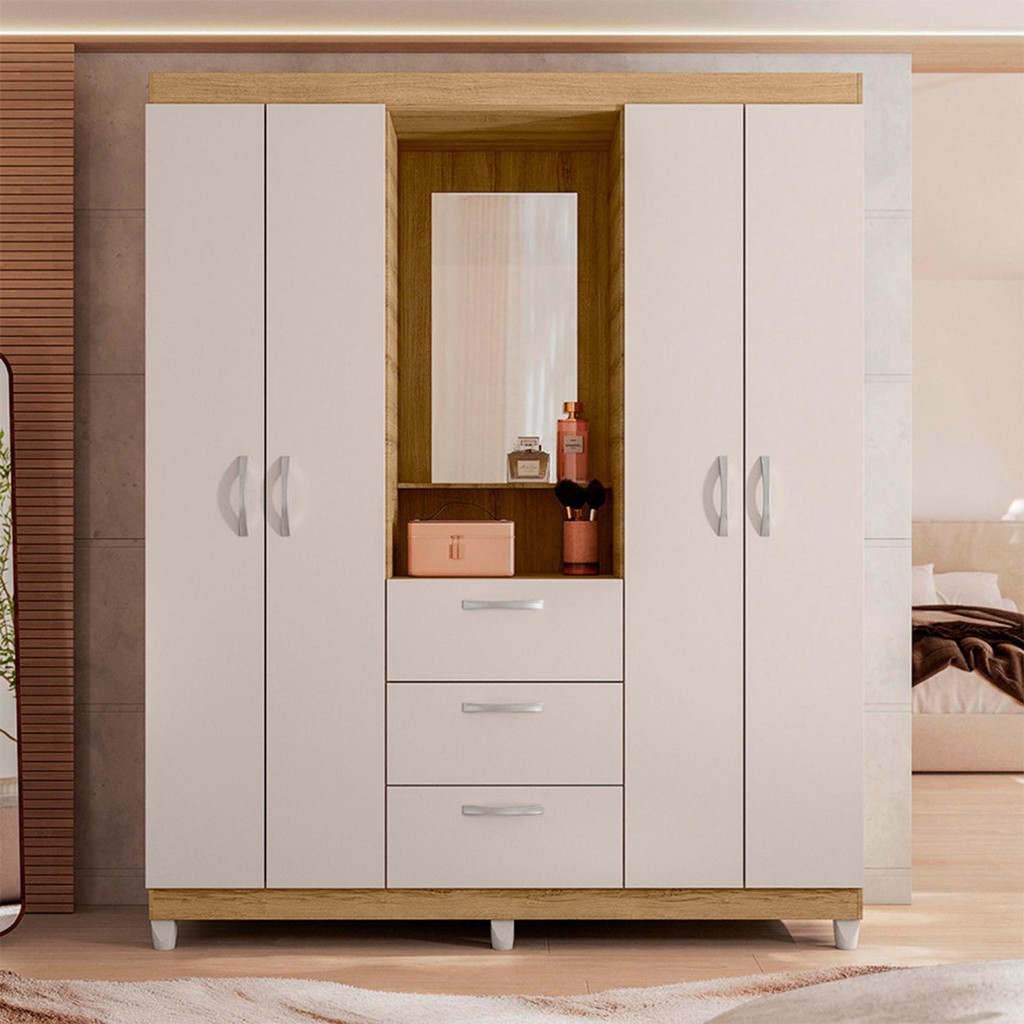Guarda Roupa Casal 4 Portas 3 Gavetas com Espelho Caemmun | Shopee Brasil