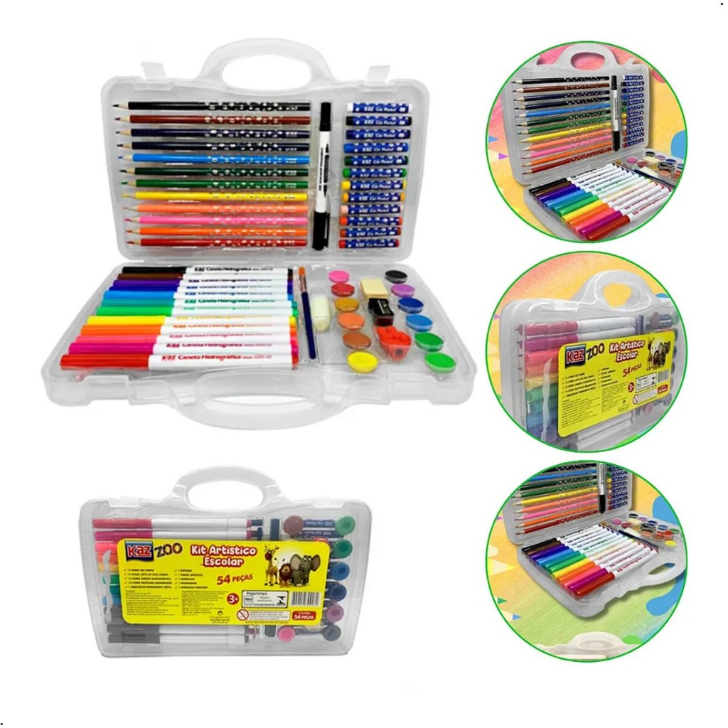 Kit Artístico Escolar Zoo 54 Peças Maleta Kaz Giz Canetinha Lapis
