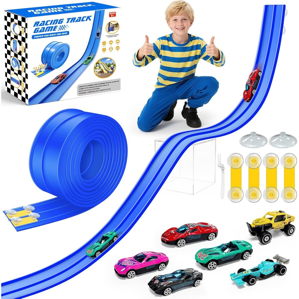 Pista Flexível De 15 Pés/4.5 M , De Carro De Corrida Para Brinquedos Infantis Com 10 Ventosas Portátil Enrolada Compatív