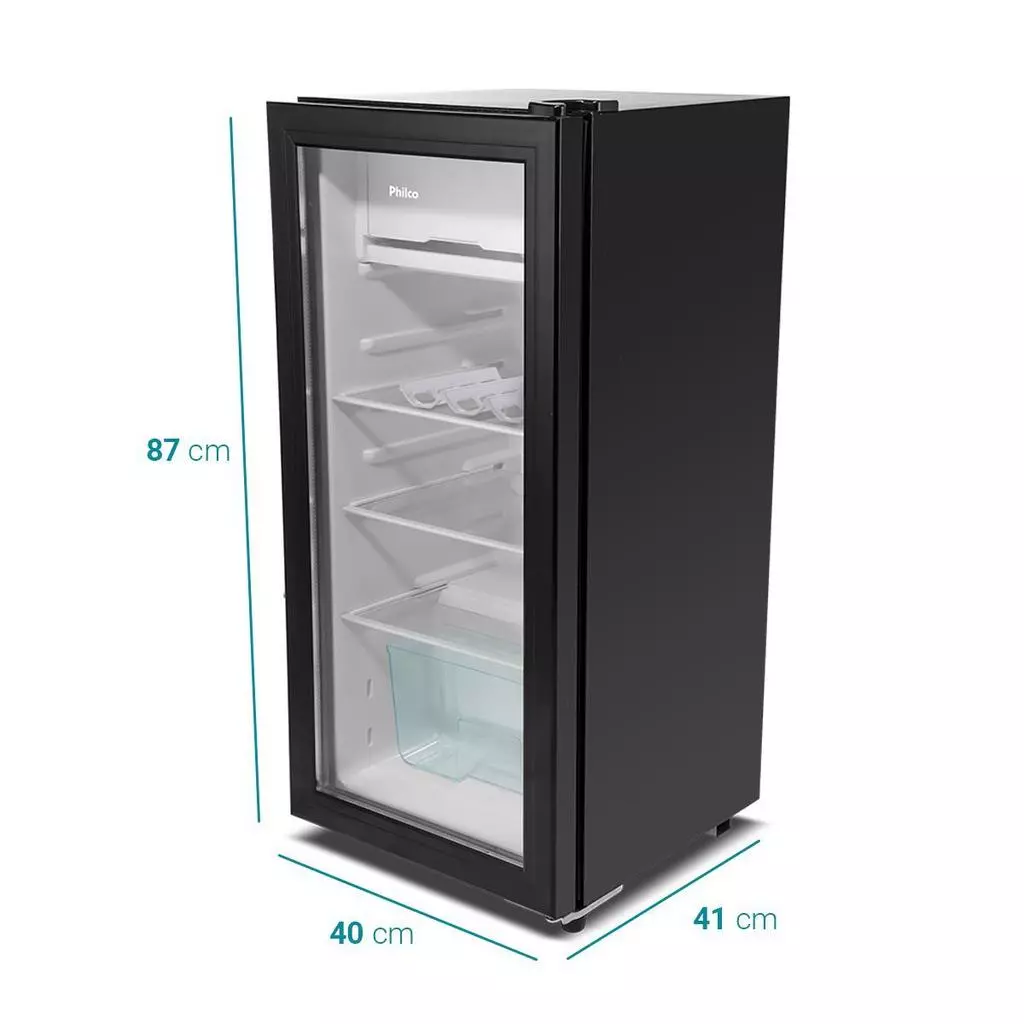 Dimensões do frigobar Philco 85L com indicação de altura de 87 cm, largura de 40 cm e profundidade de 41 cm