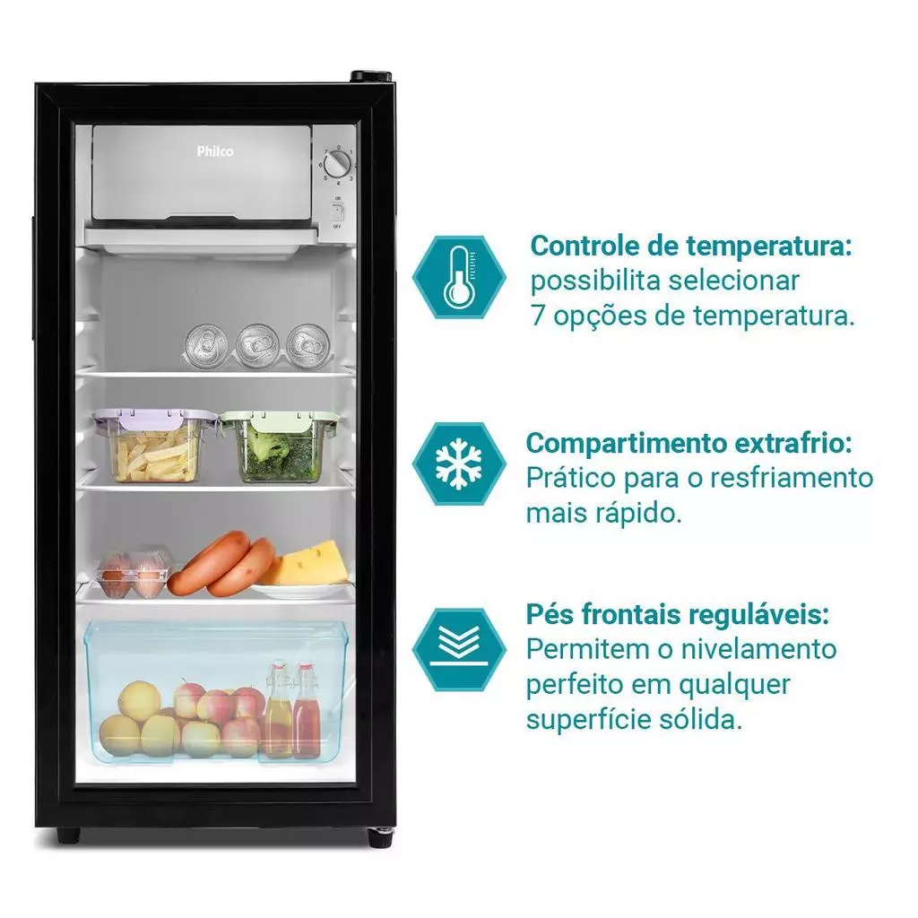 Vista frontal do frigobar Philco 85L com ícones explicativos sobre controle de temperatura, compartimento extrafrio e pés reguláveis