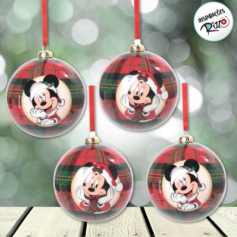 Bola de Natal - Mickey e Minnie - Xadrez - 8cm - 4 unidades - Disney ...