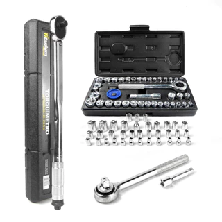 Kit Torquímetro Estalo 1/2” 28–210 Nm + Jogo de Soquetes 1/4” e 3/8” Titanium Platina em Oferta na Shopee