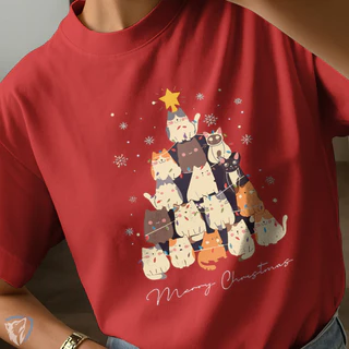 Camiseta Natal Unissex | Estilo Divertido com Gatos Empilhados em Árvore