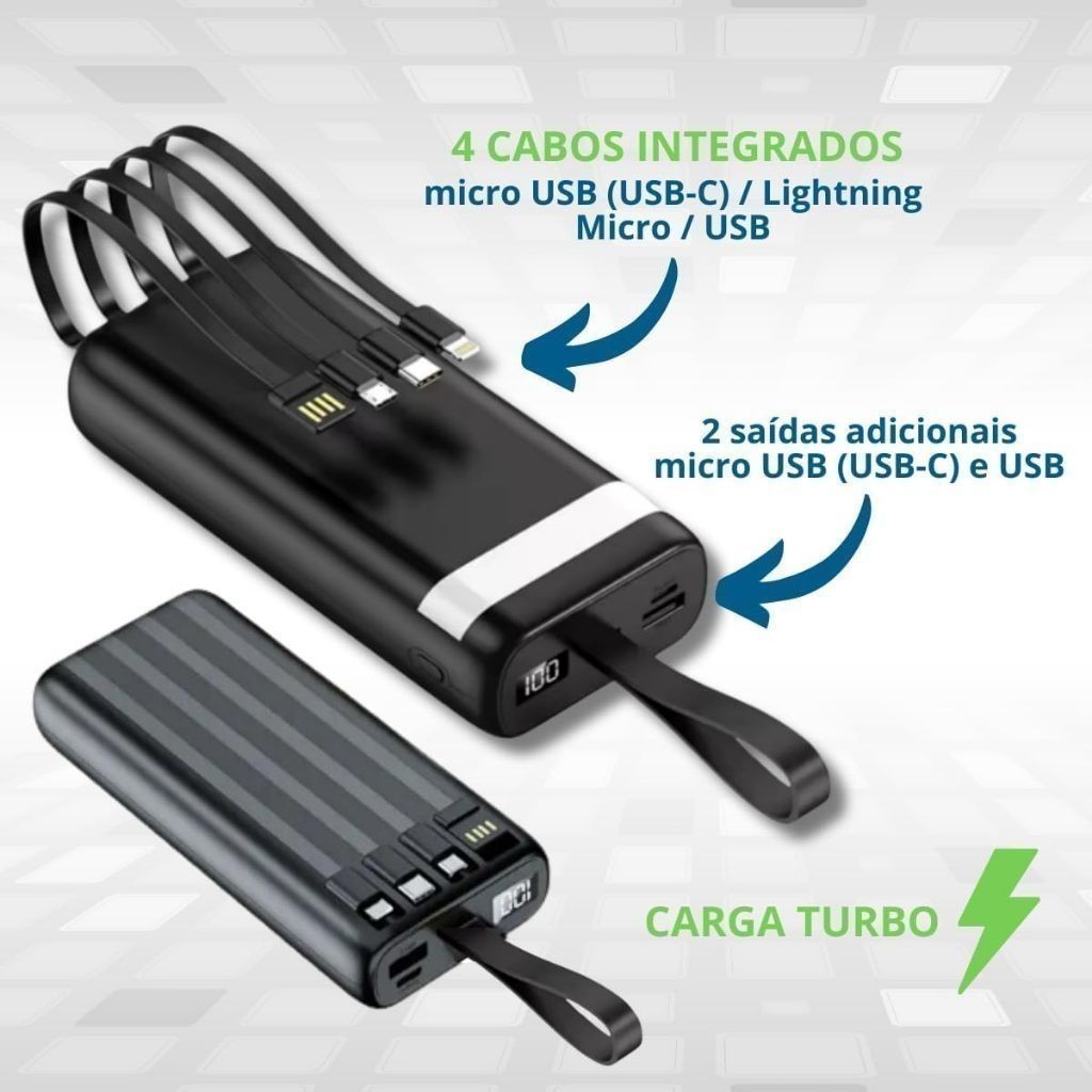 Power Bank Universal de 20.000mAh Carregador Portátil para Android e iOS, Inclui Lanterna Integrada