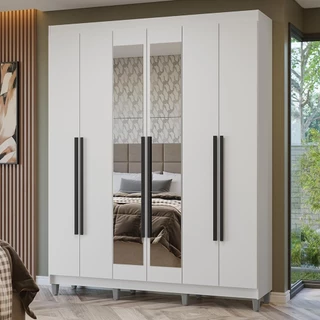 Guarda-Roupa Casal com Pés 6 Portas Batentes com Espelho Branco/Branco/Preto Netuno Madesa em Oferta na Shopee