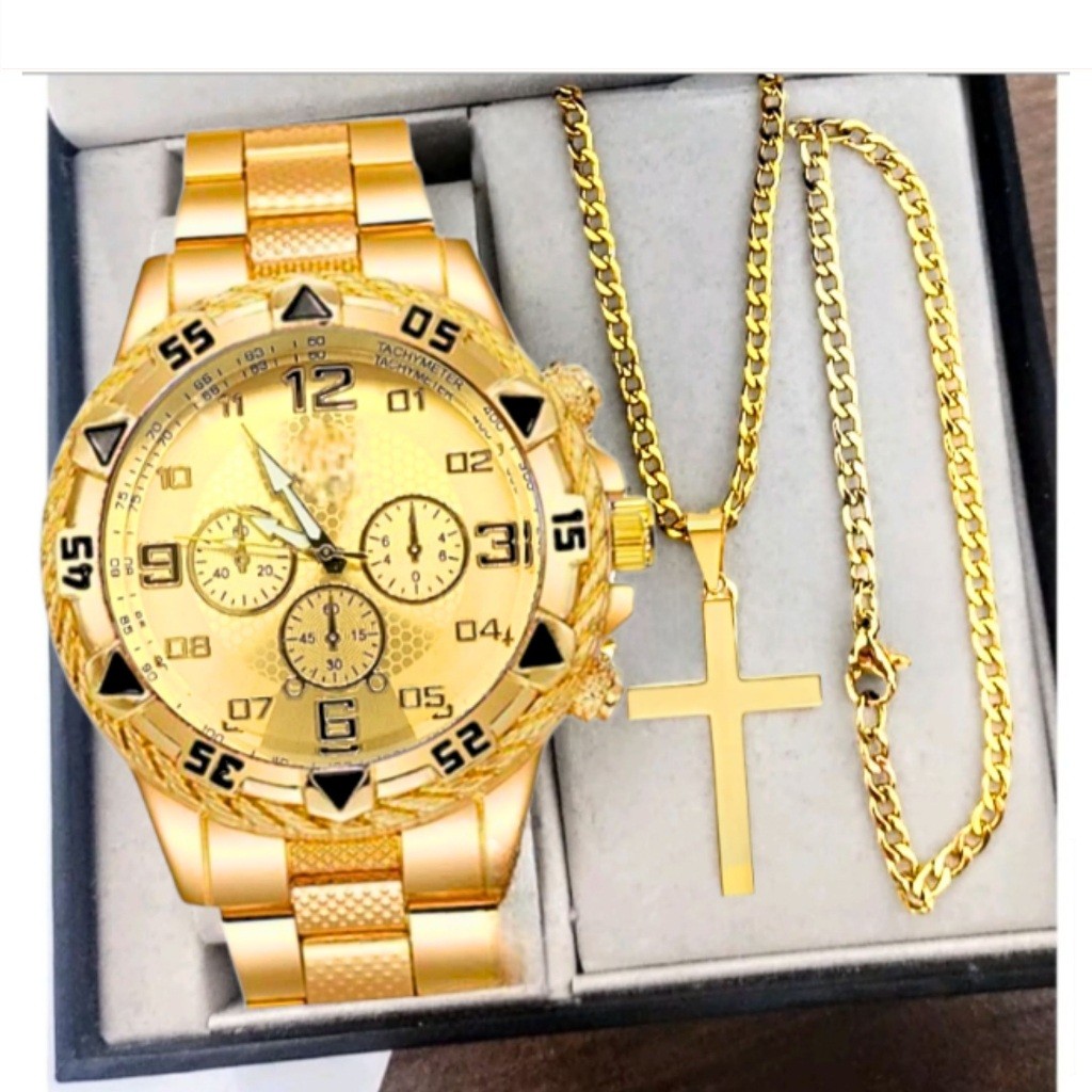 Kit Relógio Masculino Banhado a Ouro 18k Dourado Original Luxo ...