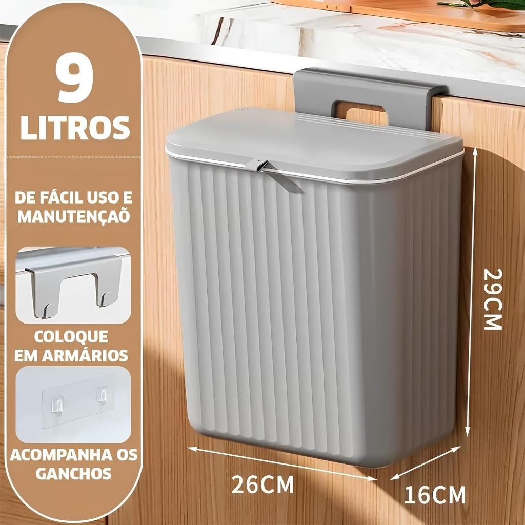 Lixeira Suspensa Plástica 9L Pia Cozinha Tampa Suporte Porta Armário ...