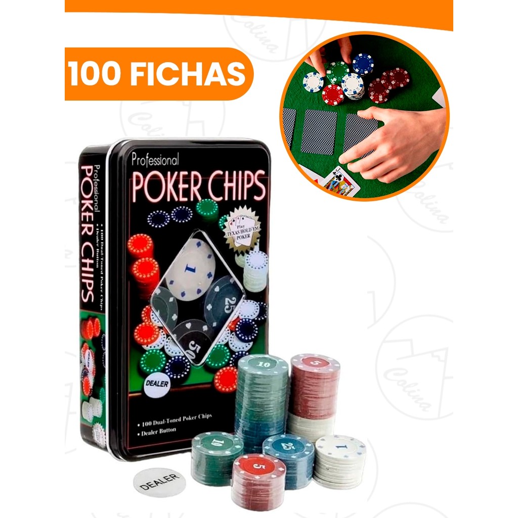 Kit Jogo De Poker Profissional Lata 100 Fichas Numeradas + Dealer ...