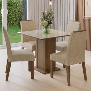 Conjunto Sala de Jantar Tampo de Vidro 4 Cadeiras Rustic/Crema/Imperial Sines Madesa em Oferta na Shopee