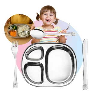 Kit Infantil Bebe Refeição Introdução Alimentar Inox 4 Peças Prato Talheres Faca Garfo Colher Tippi em Oferta na Shopee