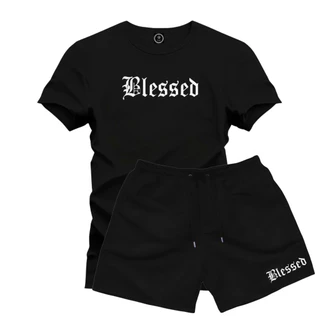 Kit Camiseta Preta Blessed 100% Algodão + Short Preto Estilo Surf Algodão Conjunto Masculino Cristão