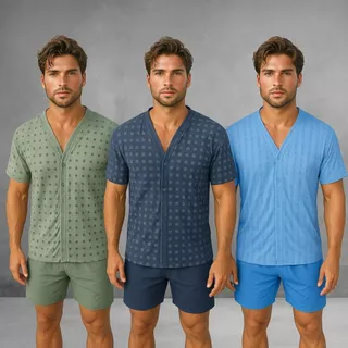 Kit 3 Pijamas Masculino Aberto Com Boõtes Manga Short Verão Pijama cirurgico Homem abotoavel em Oferta na Shopee