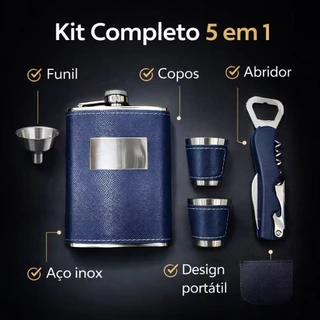 Kit Whisky Inox 270ml Premium com Copos Funil e Abridor – Cantil Aço Inoxidável Presente Masculino Luxo