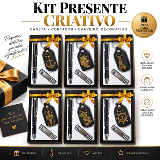 Kit Caneta e Chaveiro de Metal Acabamento Premium Caixa de Presente 3 Cores