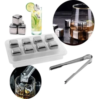 Cubos De Gelo Aço Inox 8 Peças Com Pegador Para Whisky E D