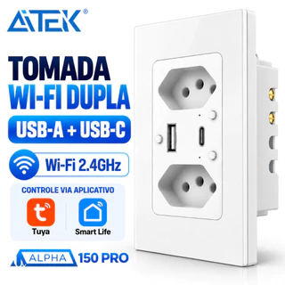 Tomada de Parede Inteligente Dupla Aitek Wi-Fi Bivolt Tuya Smart Life Modelos com USB ou sem USB