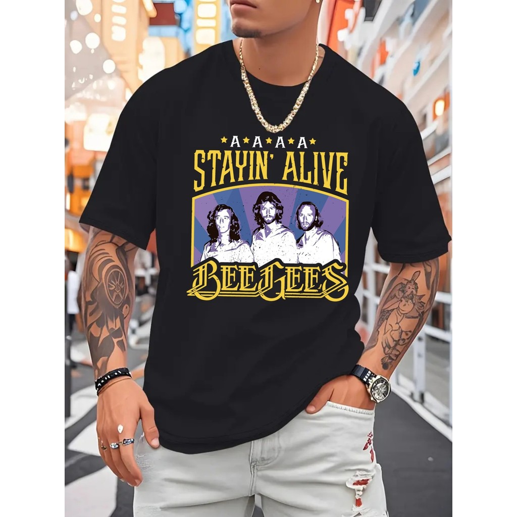Camiseta Masculina Plus size Bee Gees Stayin Alive Disco Básica